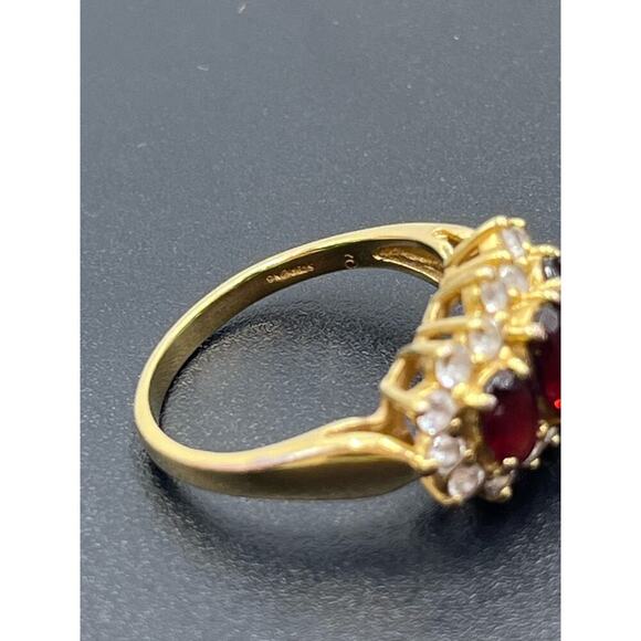 Vintage Vermeil Sterling Triple Oval Garnet Trilogy Engagement Ring Cz Diamond - Picture 10 of 11